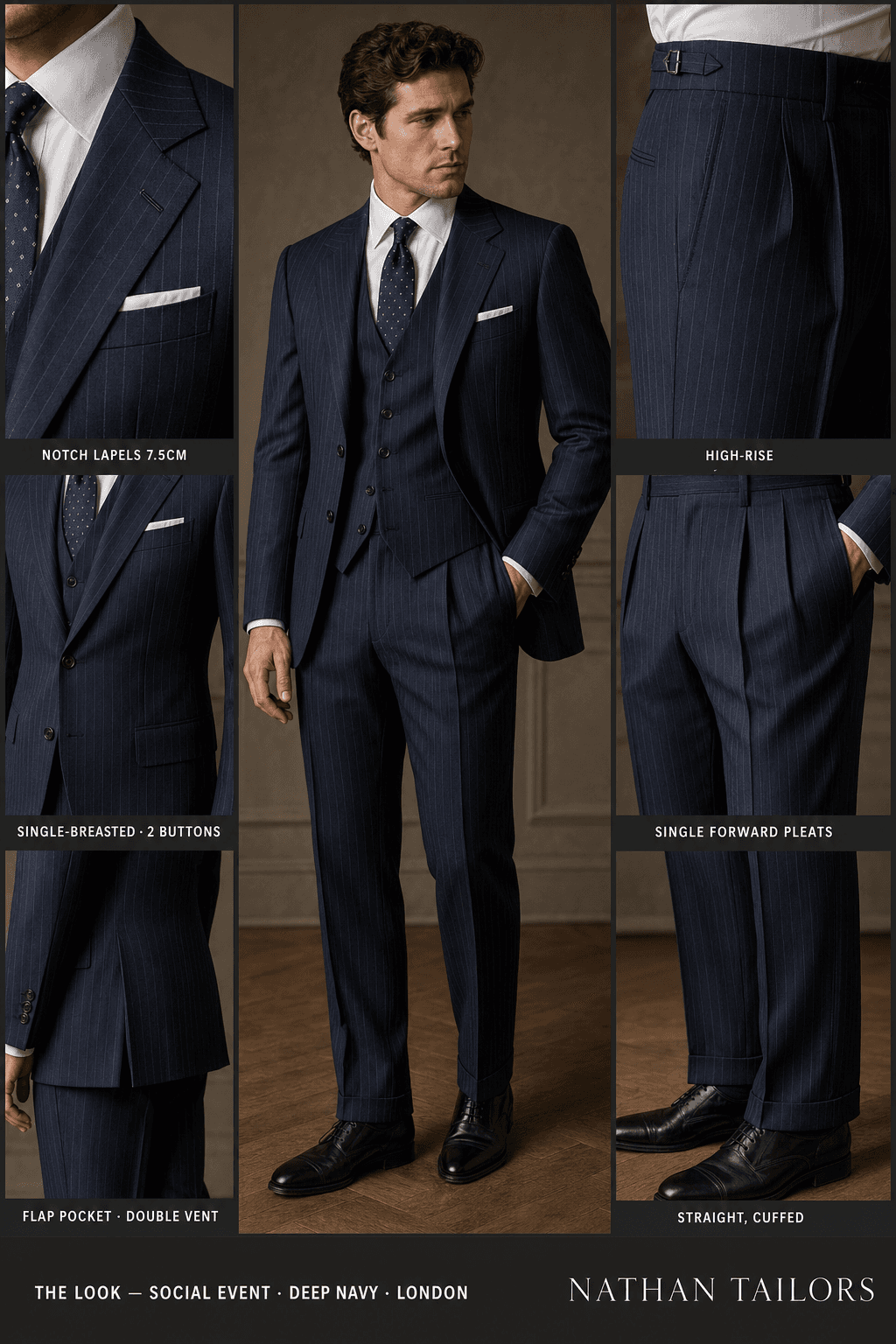 deep navy pinstripe single-breasted notch-lapel online custom suit — designed online at RemoteSuit. Made-to-measure online custom suit available from $109.