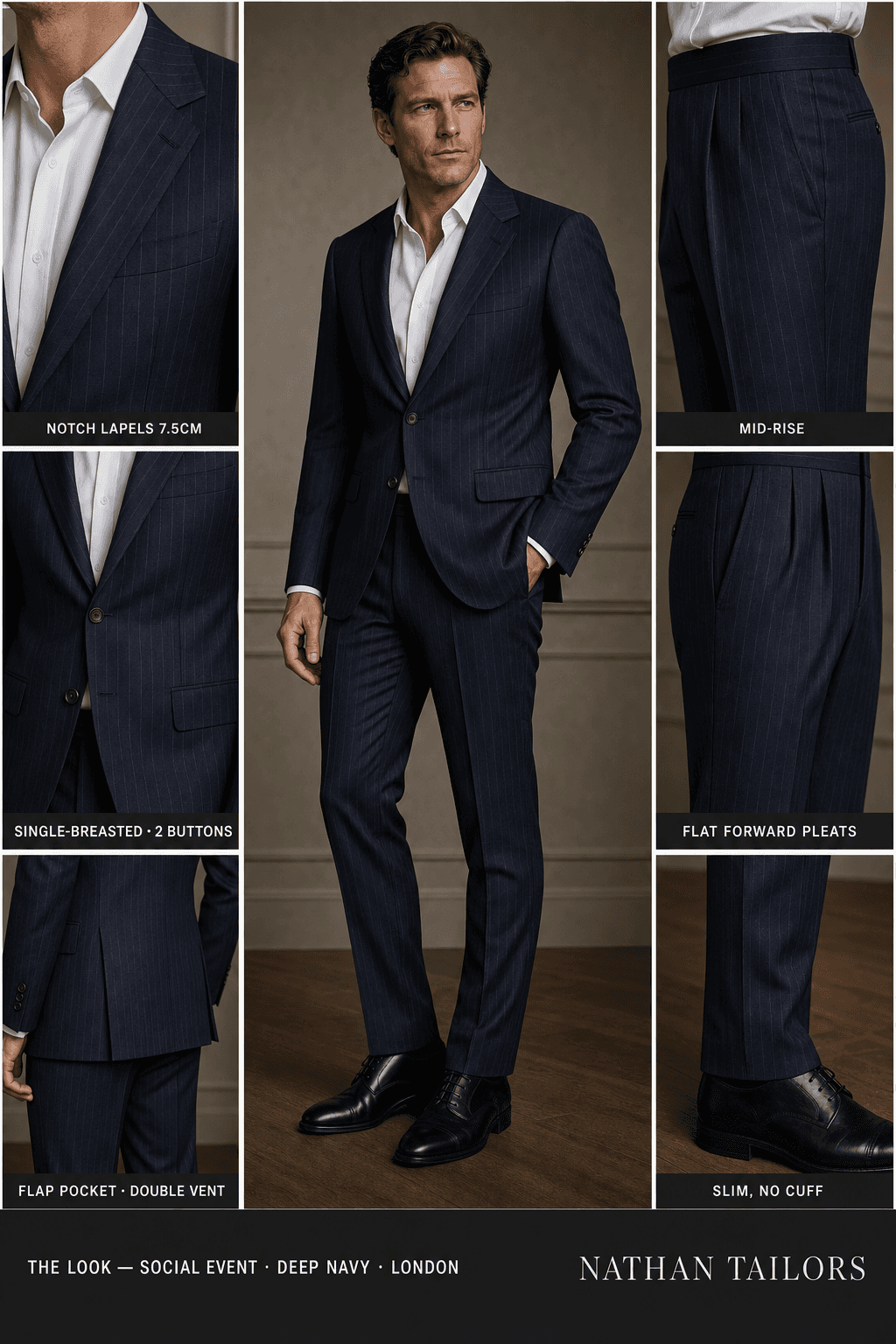 deep navy pinstripe single-breasted notch-lapel online custom suit — designed online at RemoteSuit. Made-to-measure online custom suit available from $109.