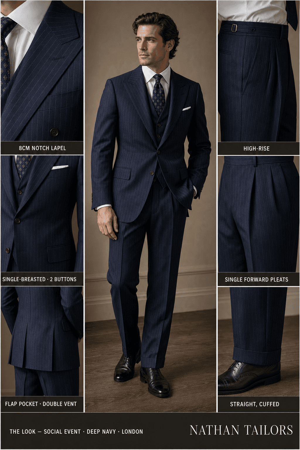 deep navy pinstripe single-breasted notch-lapel online custom suit — designed online at RemoteSuit. Made-to-measure online custom suit available from $109.