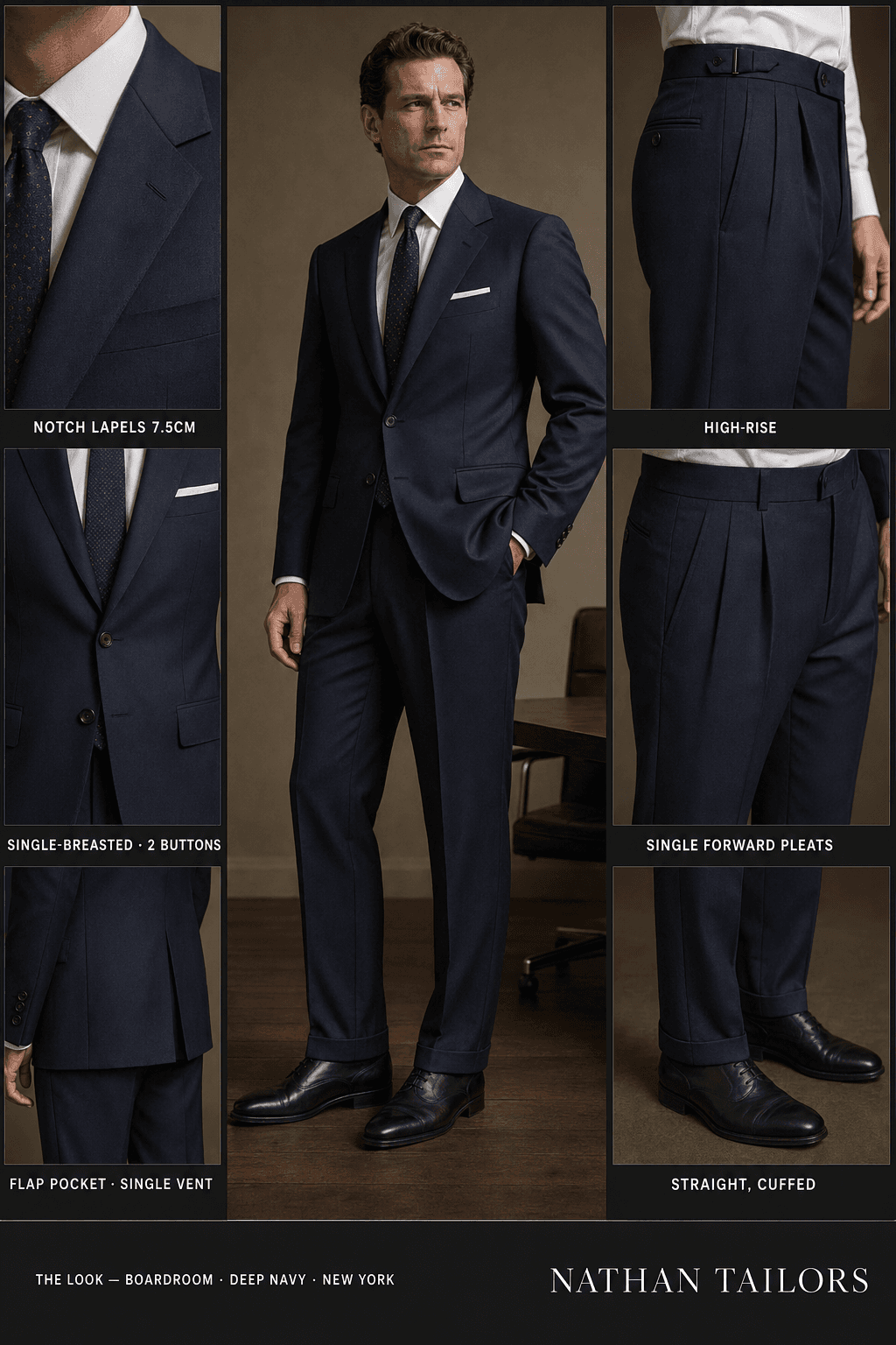 deep navy single-breasted notch-lapel online custom suit — designed online at RemoteSuit. Made-to-measure online custom suit available from $109.