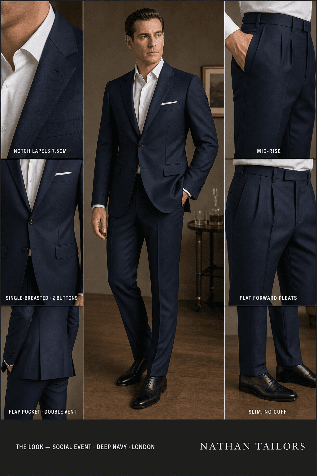 deep navy single-breasted notch-lapel online custom suit — designed online at RemoteSuit. Made-to-measure online custom suit available from $109.