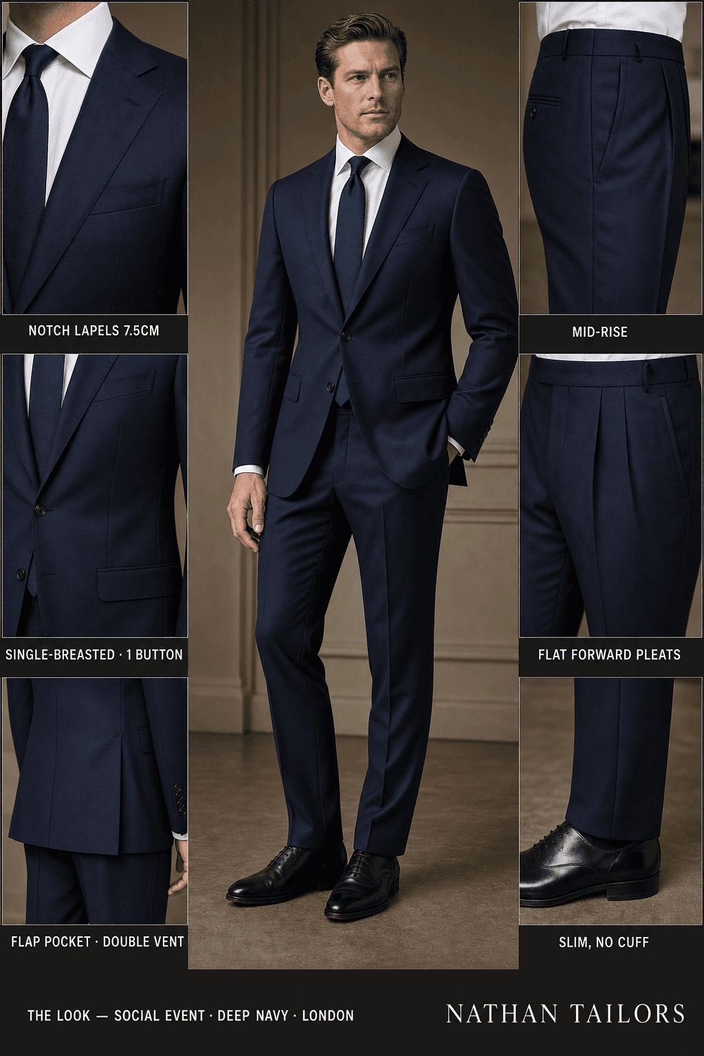 deep navy single-breasted notch-lapel online custom suit — designed online at RemoteSuit. Made-to-measure online custom suit available from $109.