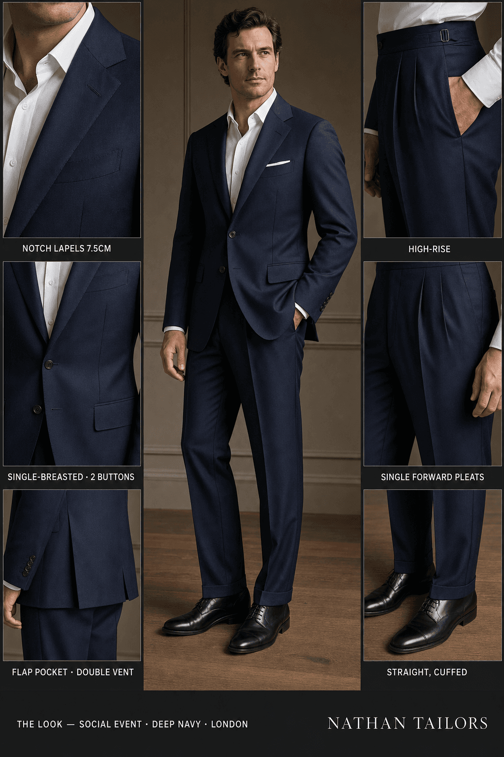 deep navy single-breasted notch-lapel online custom suit — designed online at RemoteSuit. Made-to-measure online custom suit available from $109.