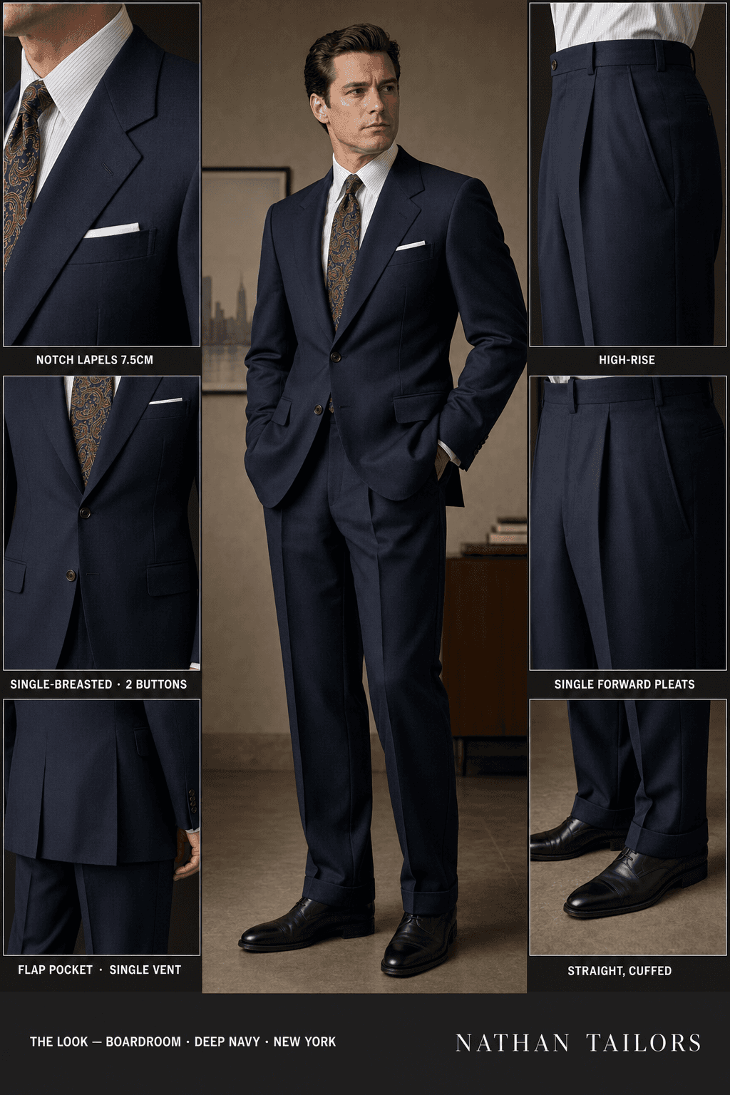 deep navy single-breasted notch-lapel online custom suit — designed online at RemoteSuit. Made-to-measure online custom suit available from $109.