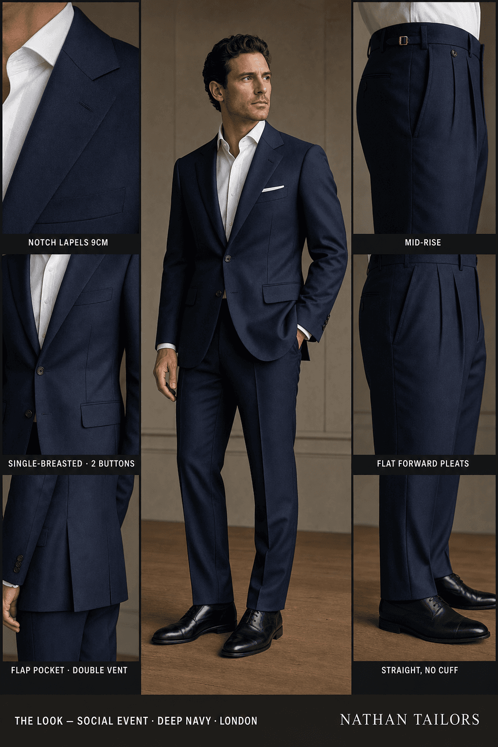deep navy single-breasted notch-lapel online custom suit — designed online at RemoteSuit. Made-to-measure online custom suit available from $109.