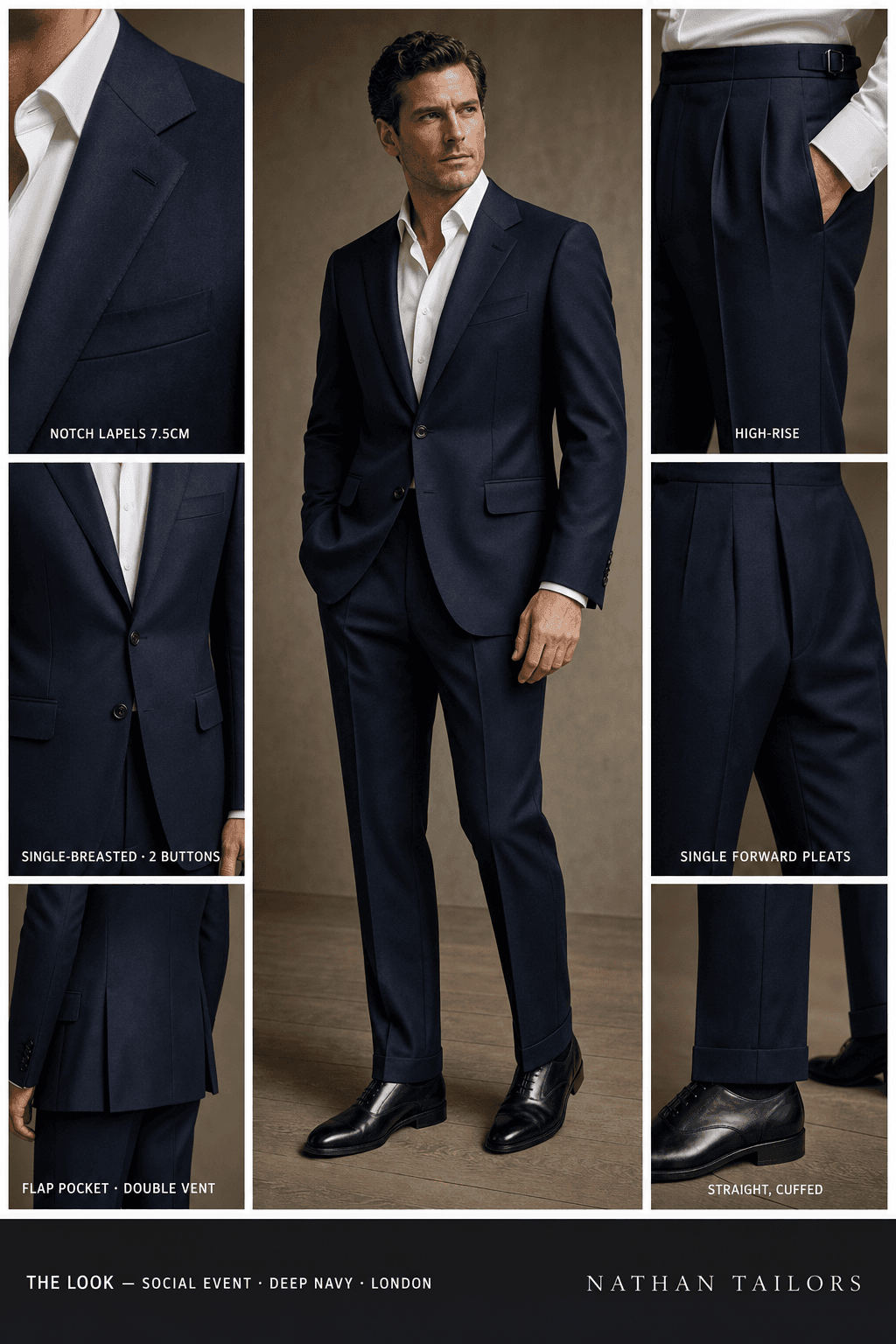 deep navy single-breasted notch-lapel online custom suit — designed online at RemoteSuit. Made-to-measure online custom suit available from $109.