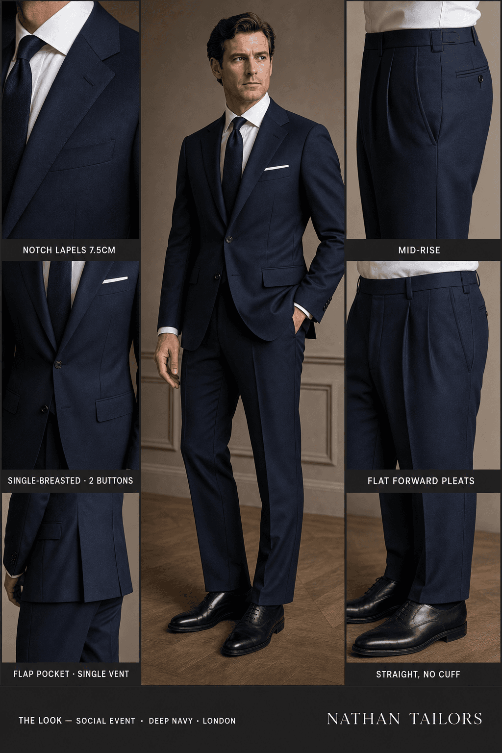 deep navy single-breasted notch-lapel online custom suit — designed online at RemoteSuit. Made-to-measure online custom suit available from $109.