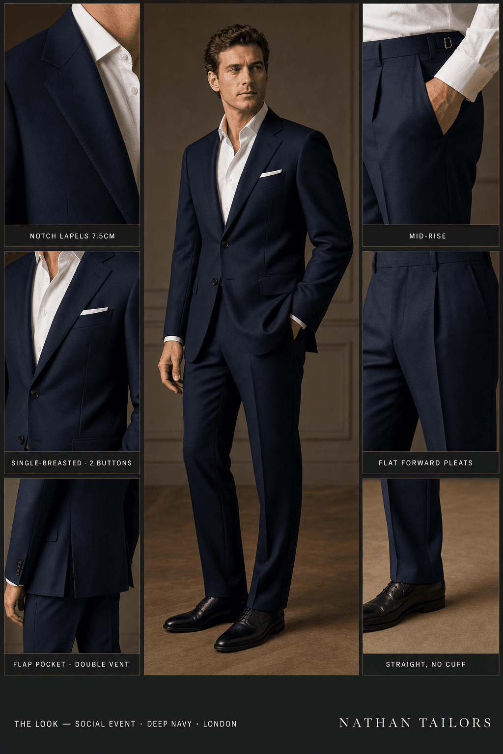 deep navy single-breasted notch-lapel online custom suit — designed online at RemoteSuit. Made-to-measure online custom suit available from $109.