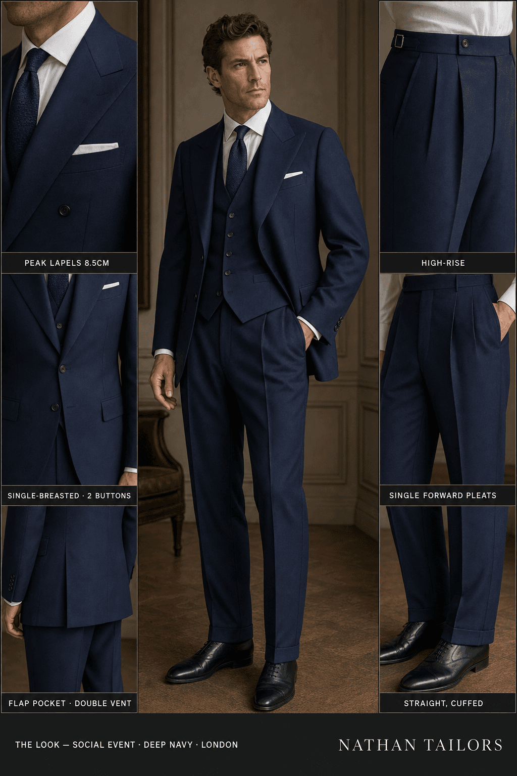 deep navy single-breasted peak-lapel online custom suit — designed online at RemoteSuit. Made-to-measure online custom suit available from $109.
