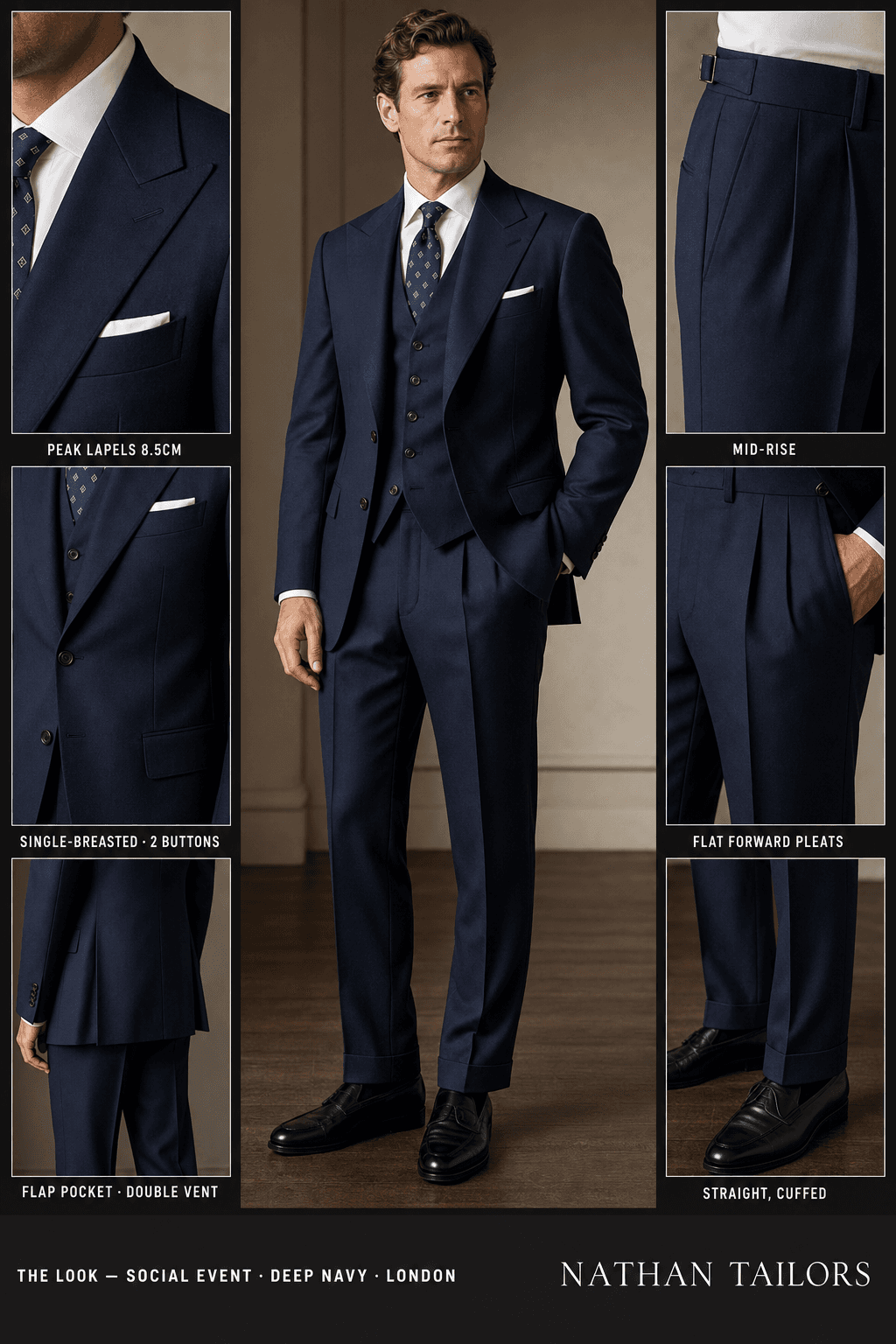 deep navy single-breasted peak-lapel online custom suit — designed online at RemoteSuit. Made-to-measure online custom suit available from $109.