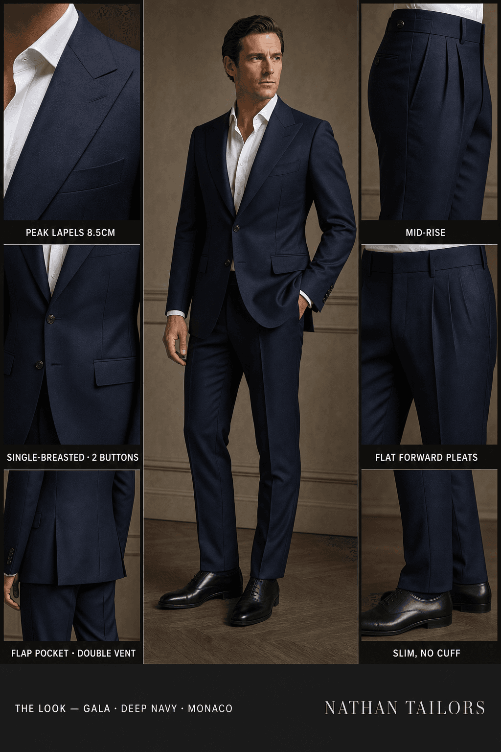 deep navy single-breasted peak-lapel online custom suit — designed online at RemoteSuit. Made-to-measure online custom suit available from $109.