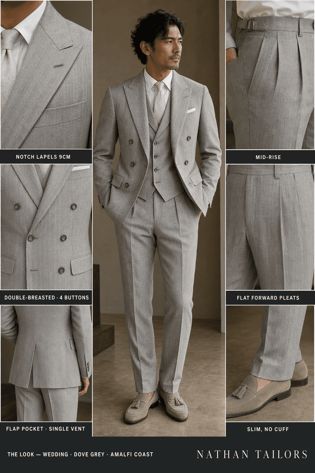 dove grey herringbone double-breasted notch-lapel online custom suit — designed online at RemoteSuit. Made-to-measure online custom suit available from $109.