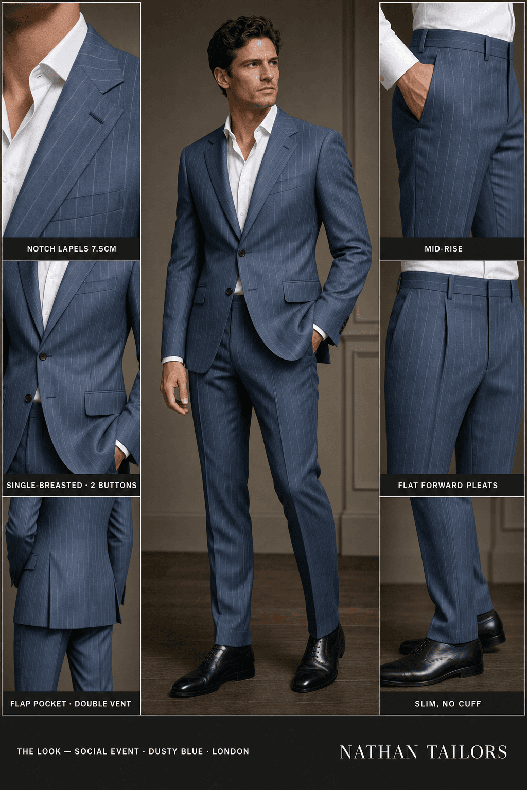 dusty blue chalk stripe single-breasted notch-lapel online custom suit — designed online at RemoteSuit. Made-to-measure online custom suit available from $109.
