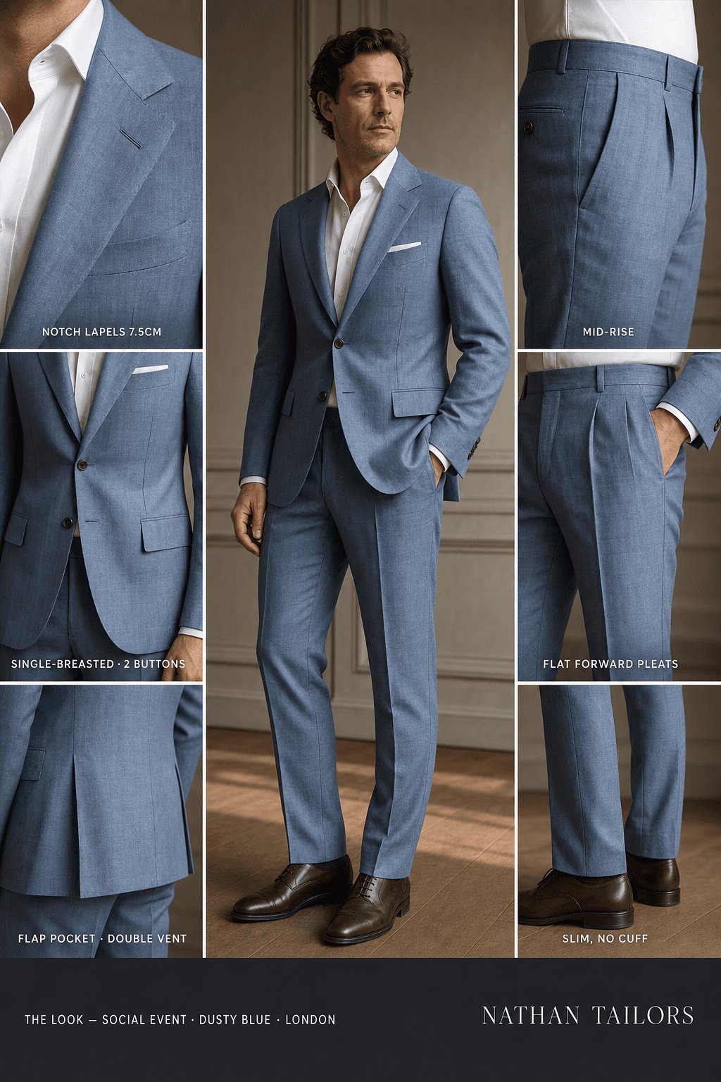 dusty blue single-breasted notch-lapel online custom suit — designed online at RemoteSuit. Made-to-measure online custom suit available from $109.