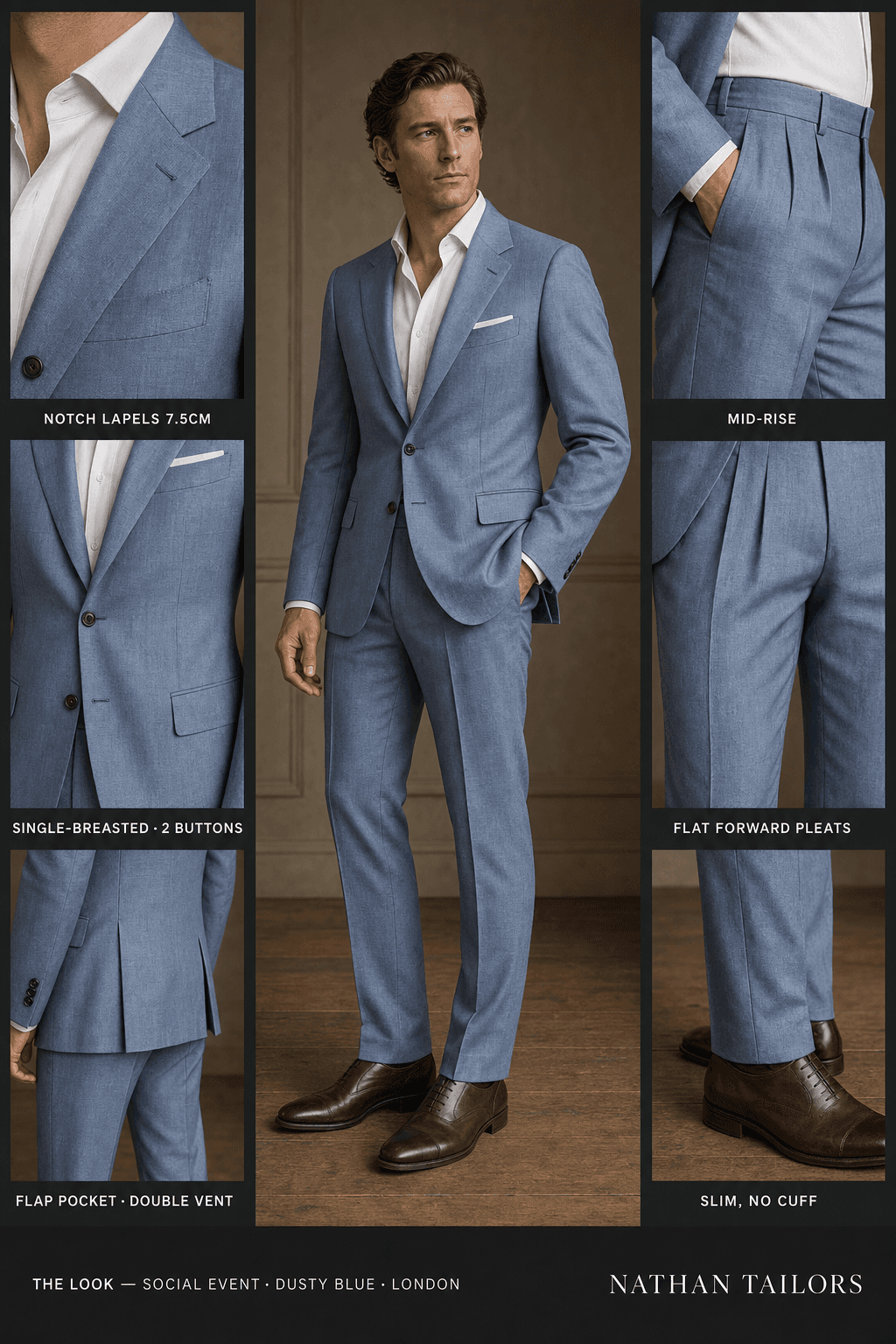 dusty blue single-breasted notch-lapel online custom suit — designed online at RemoteSuit. Made-to-measure online custom suit available from $109.