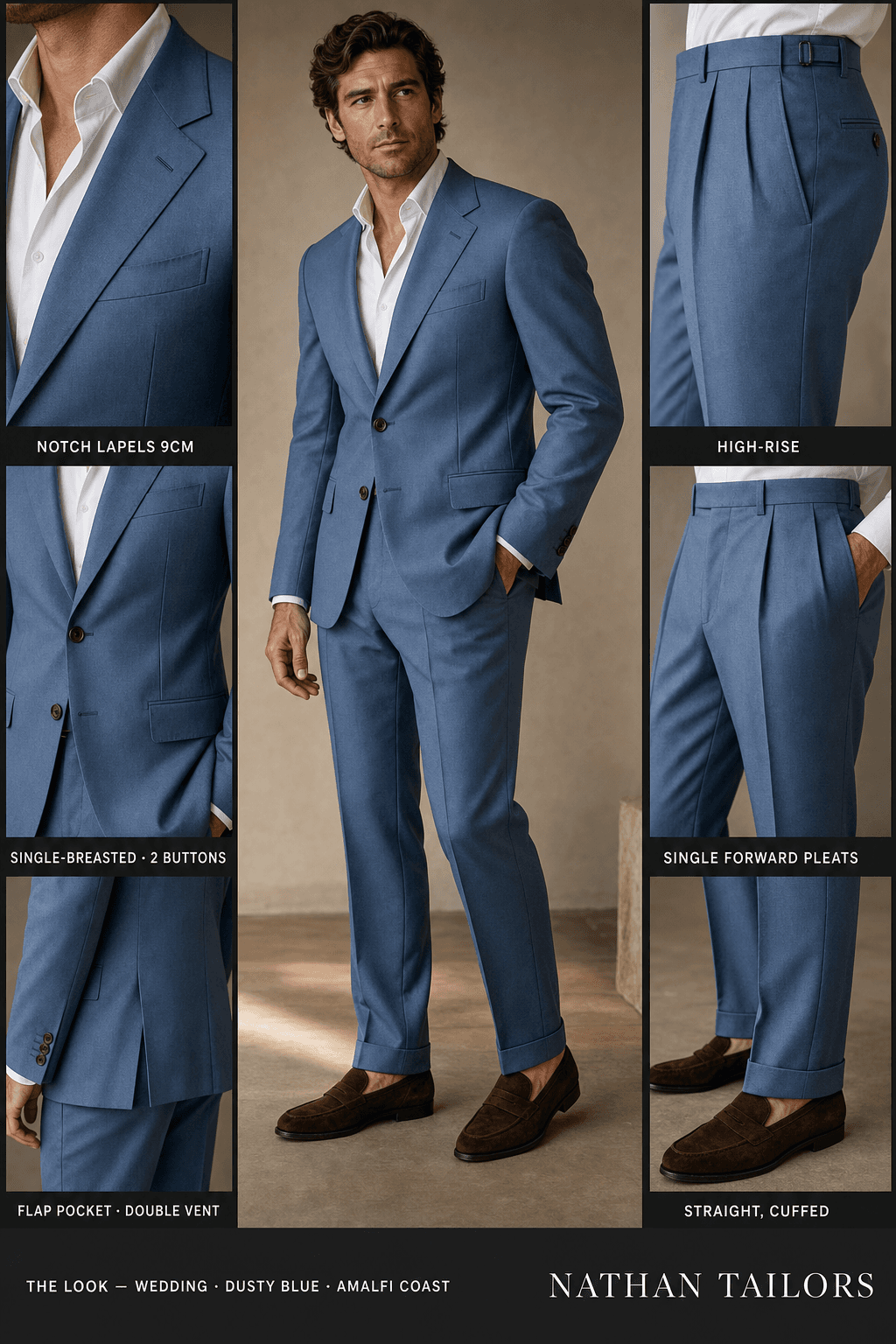 dusty blue single-breasted notch-lapel online custom suit — designed online at RemoteSuit. Made-to-measure online custom suit available from $109.