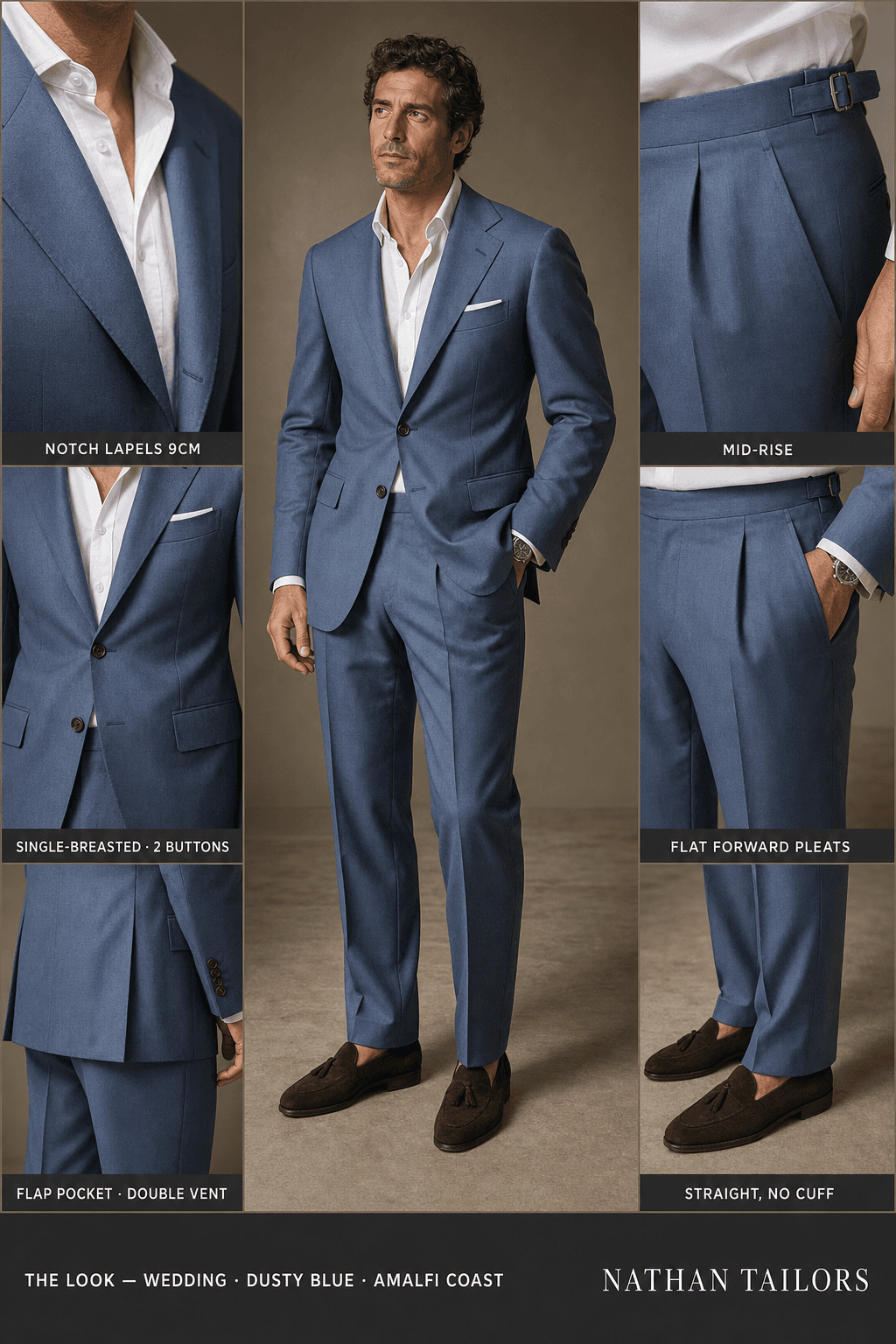 dusty blue single-breasted notch-lapel online custom suit — designed online at RemoteSuit. Made-to-measure online custom suit available from $109.
