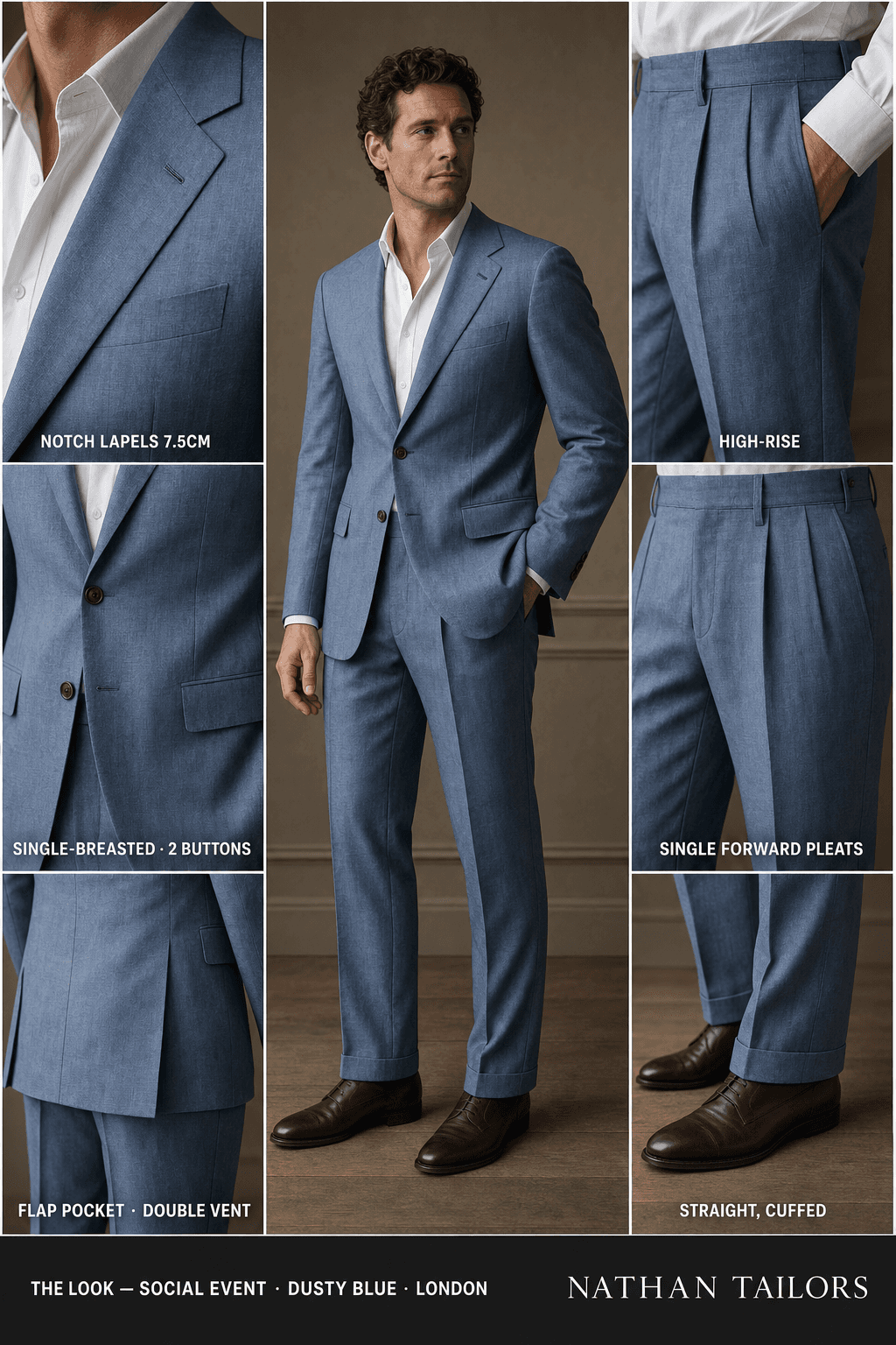 dusty blue single-breasted notch-lapel online custom suit — designed online at RemoteSuit. Made-to-measure online custom suit available from $109.