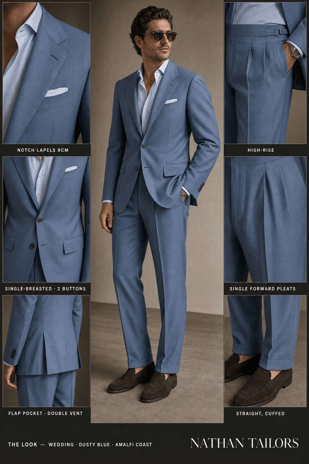 dusty blue single-breasted notch-lapel online custom suit — designed online at RemoteSuit. Made-to-measure online custom suit available from $109.