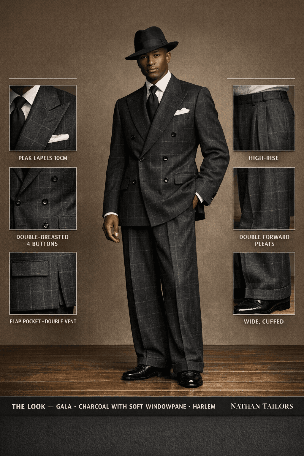 charcoal with soft windowpane windowpane double-breasted peak-lapel online custom suit — designed online at RemoteSuit. Made-to-measure online custom suit available from $109.