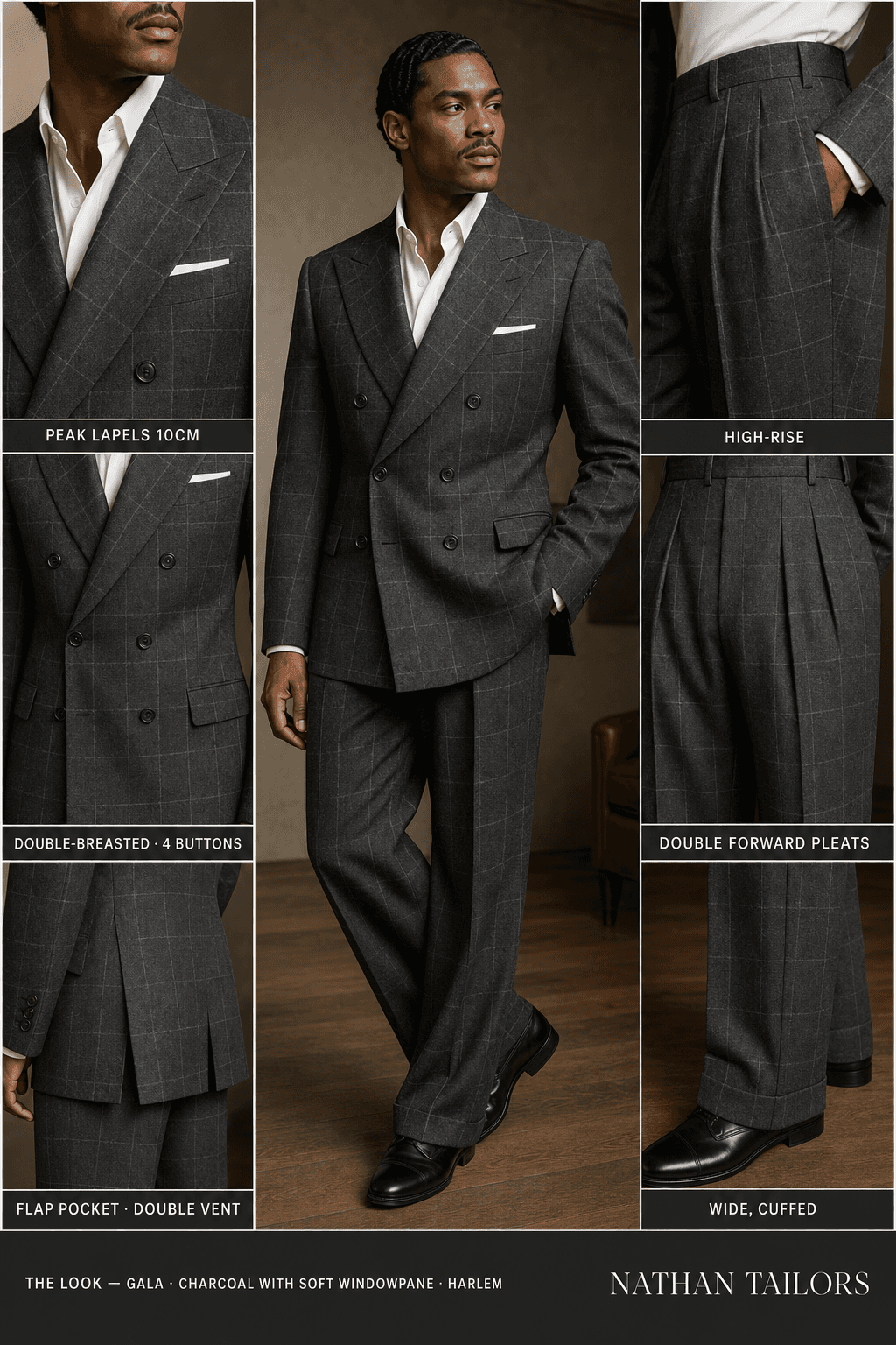 charcoal with soft windowpane windowpane double-breasted peak-lapel online custom suit — designed online at RemoteSuit. Made-to-measure online custom suit available from $109.