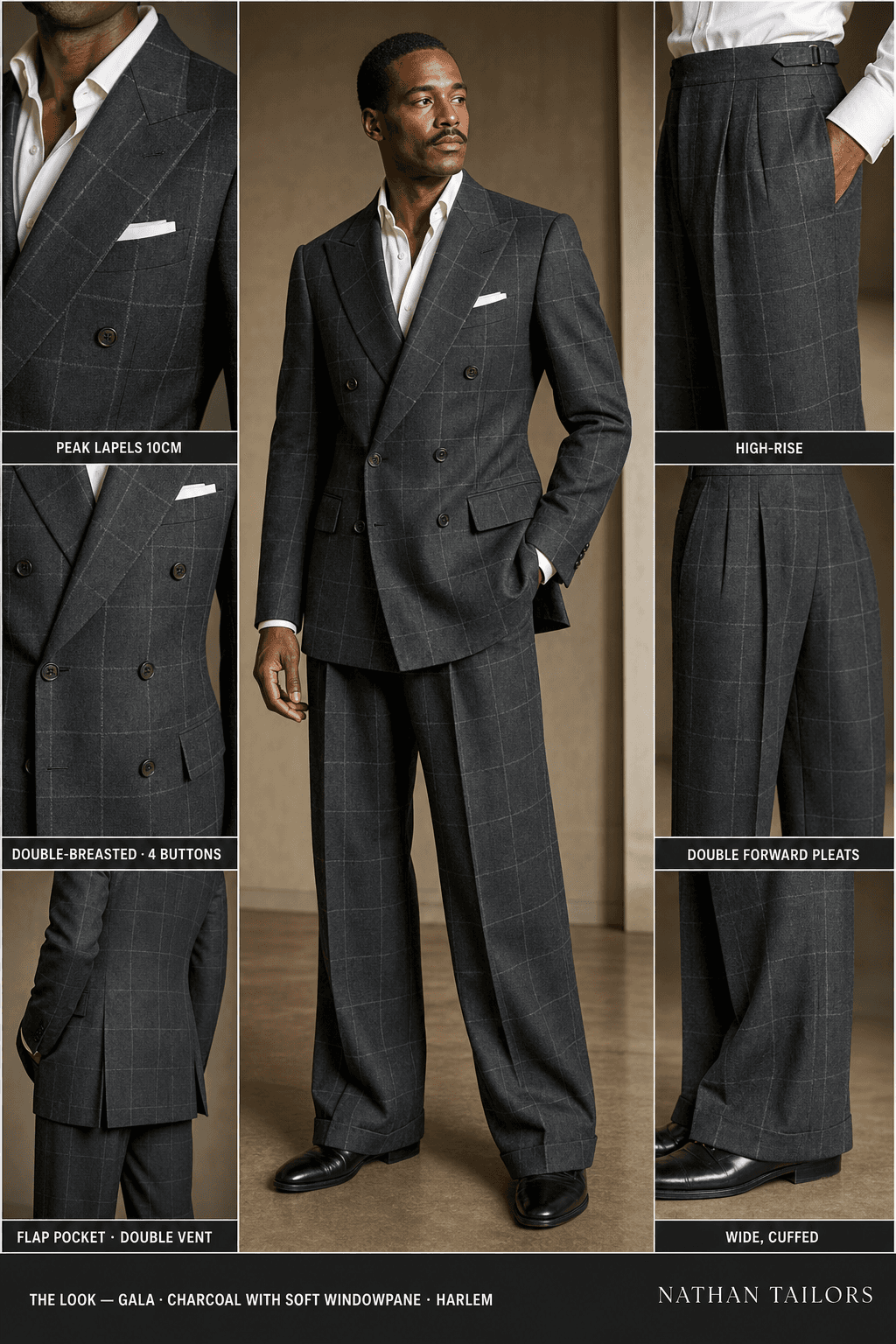charcoal with soft windowpane windowpane double-breasted peak-lapel online custom suit — designed online at RemoteSuit. Made-to-measure online custom suit available from $109.