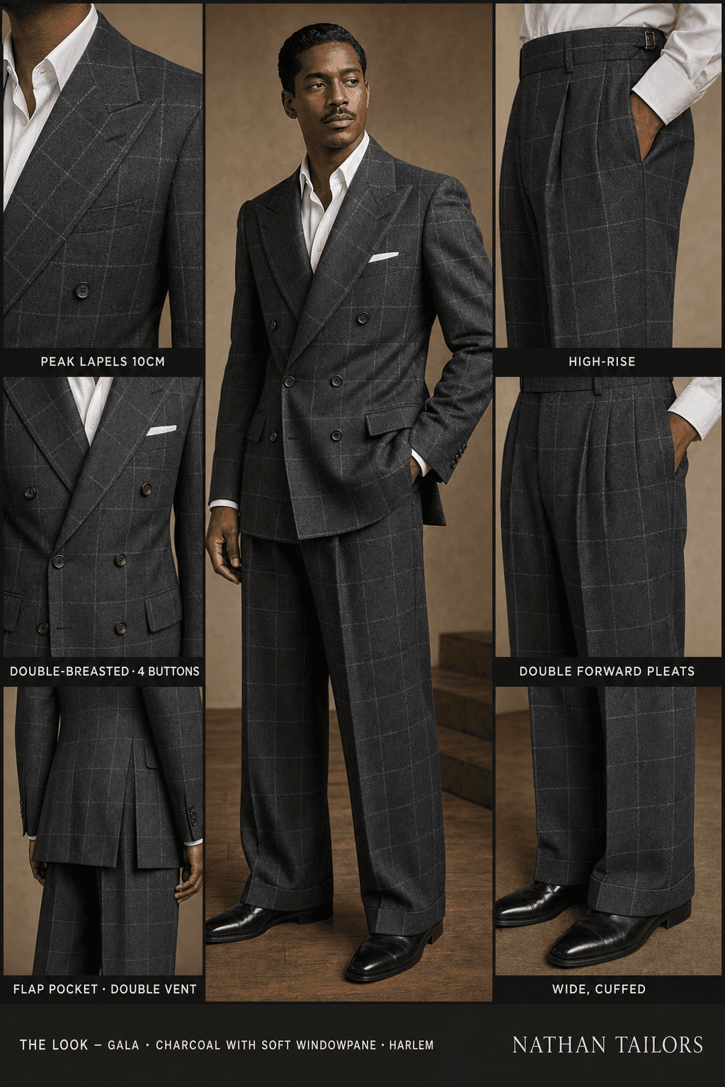 charcoal with soft windowpane windowpane double-breasted peak-lapel online custom suit — designed online at RemoteSuit. Made-to-measure online custom suit available from $109.