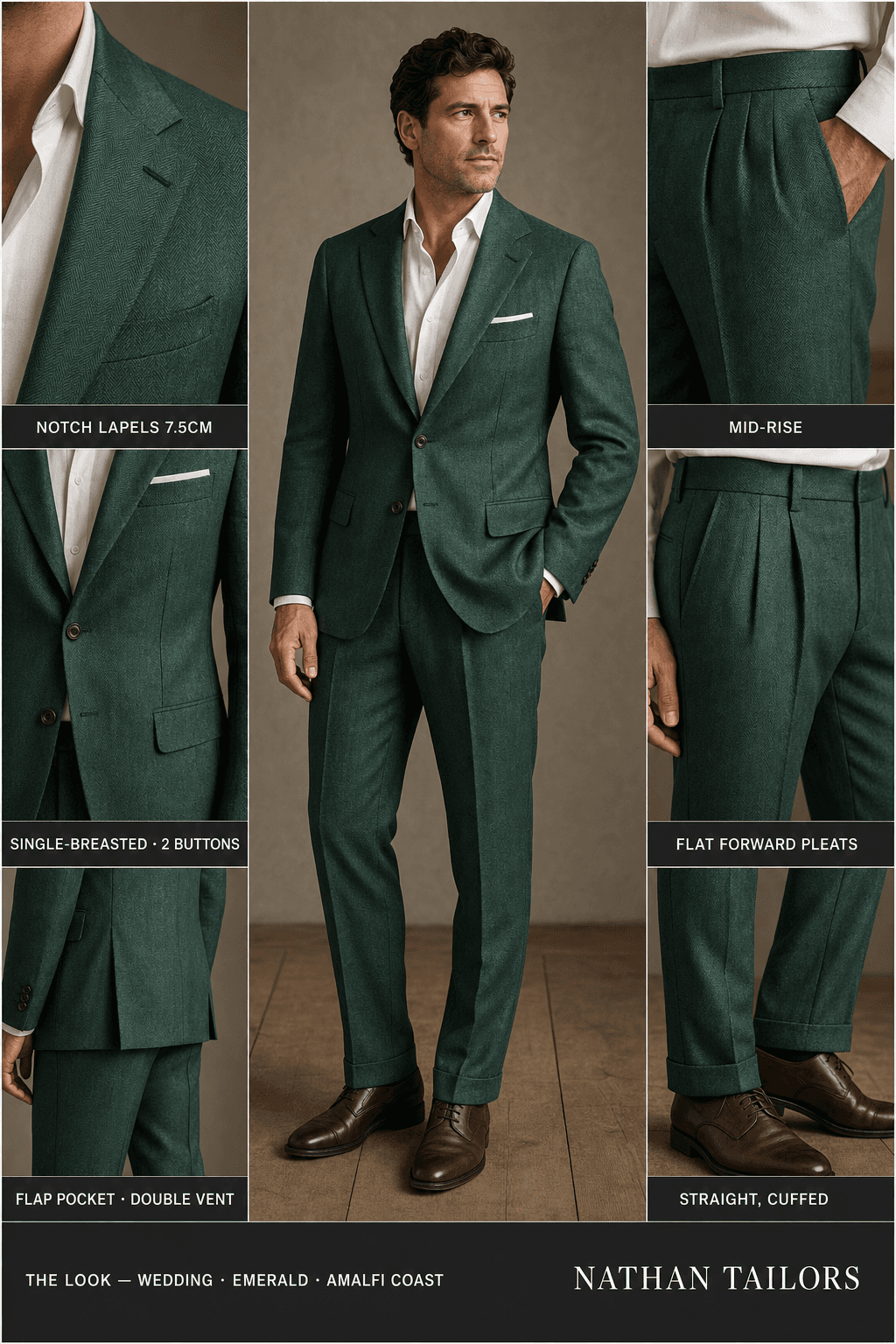 emerald herringbone single-breasted online custom suit — designed at RemoteSuit, made to measure online