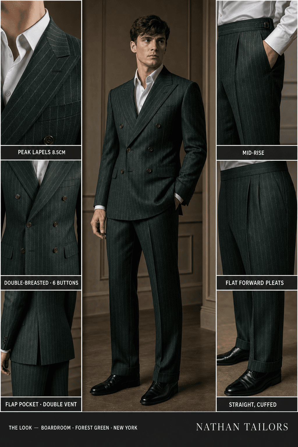 forest green chalk stripe double-breasted peak-lapel online custom suit — designed online at RemoteSuit. Made-to-measure online custom suit available from $109.