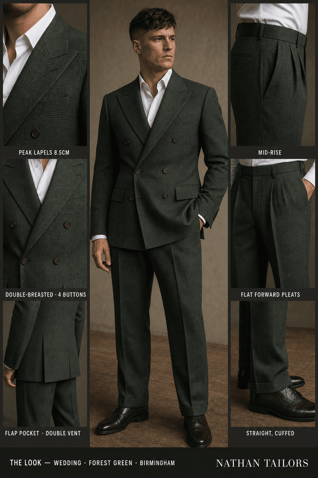 forest green glen plaid double-breasted peak-lapel online custom suit — designed online at RemoteSuit. Made-to-measure online custom suit available from $109.