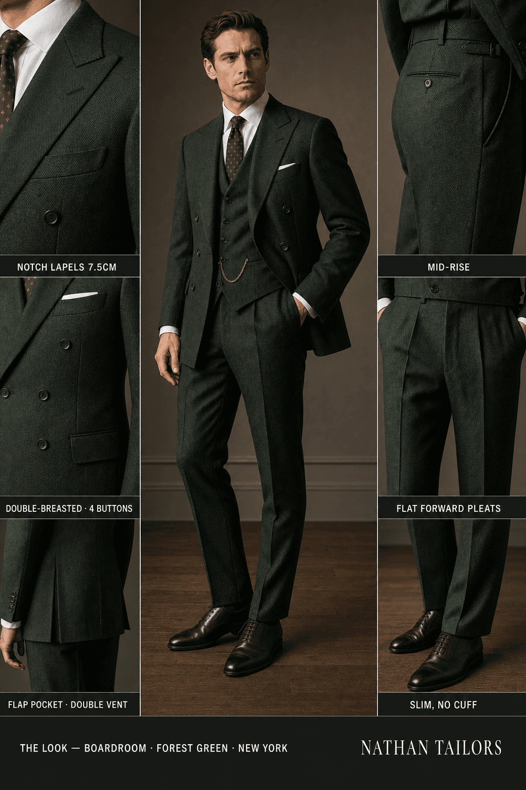 forest green herringbone double-breasted notch-lapel online custom suit — designed online at RemoteSuit. Made-to-measure online custom suit available from $109.