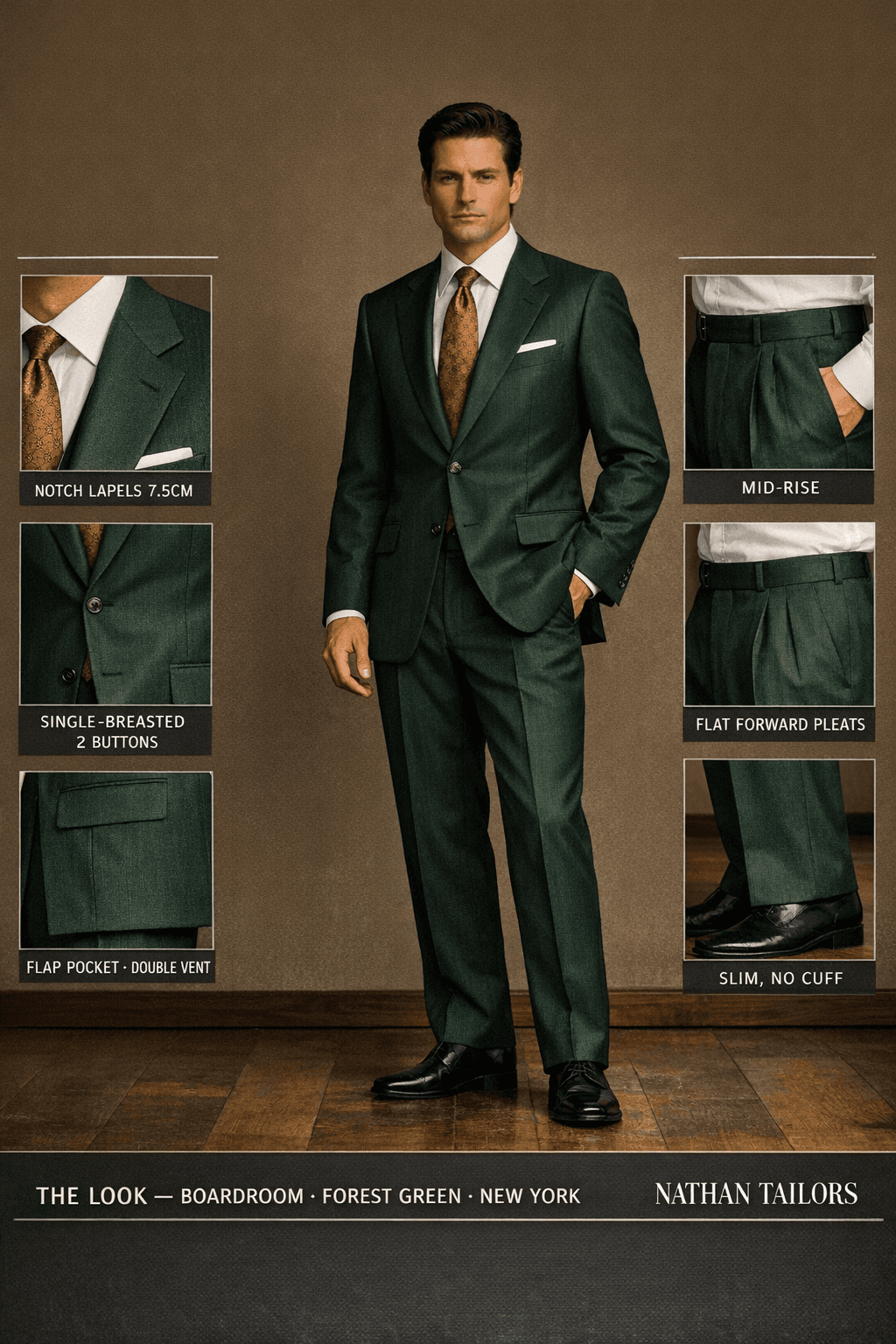 forest green herringbone single-breasted notch-lapel online custom suit — designed online at RemoteSuit. Made-to-measure online custom suit available from $109.