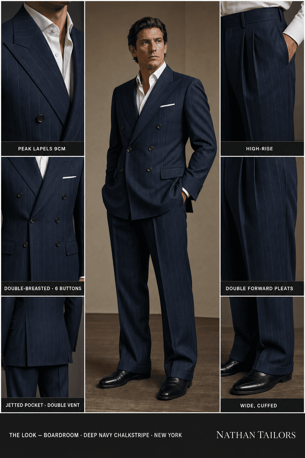 deep navy chalkstripe chalk stripe double-breasted peak-lapel online custom suit — designed online at RemoteSuit. Made-to-measure online custom suit available from $109.