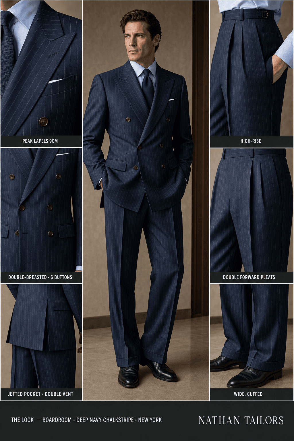 deep navy chalkstripe chalk stripe double-breasted peak-lapel online custom suit — designed online at RemoteSuit. Made-to-measure online custom suit available from $109.