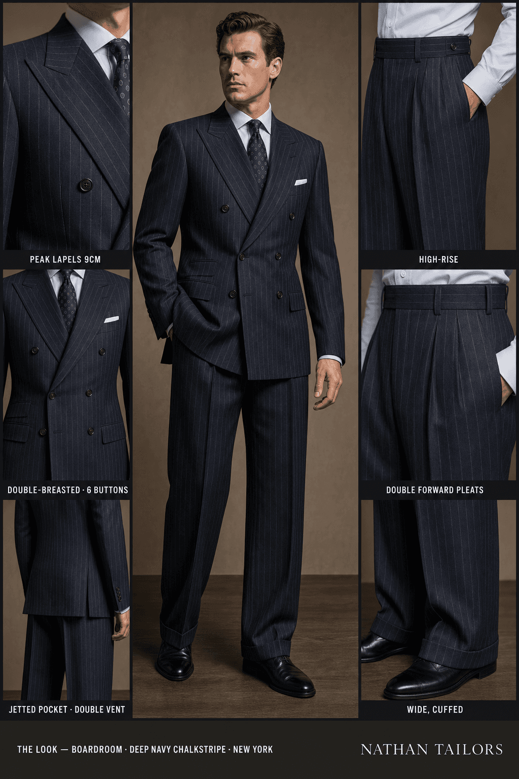 deep navy chalkstripe chalk stripe double-breasted peak-lapel online custom suit — designed online at RemoteSuit. Made-to-measure online custom suit available from $109.