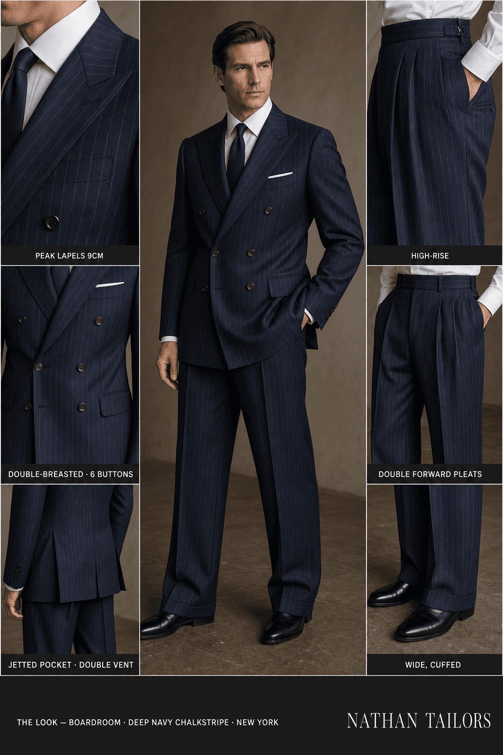 deep navy chalkstripe chalk stripe double-breasted peak-lapel online custom suit — designed online at RemoteSuit. Made-to-measure online custom suit available from $109.