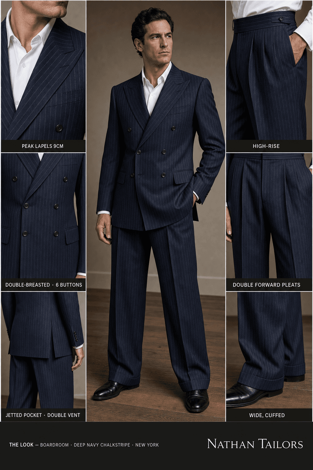 deep navy chalkstripe chalk stripe double-breasted peak-lapel online custom suit — designed online at RemoteSuit. Made-to-measure online custom suit available from $109.