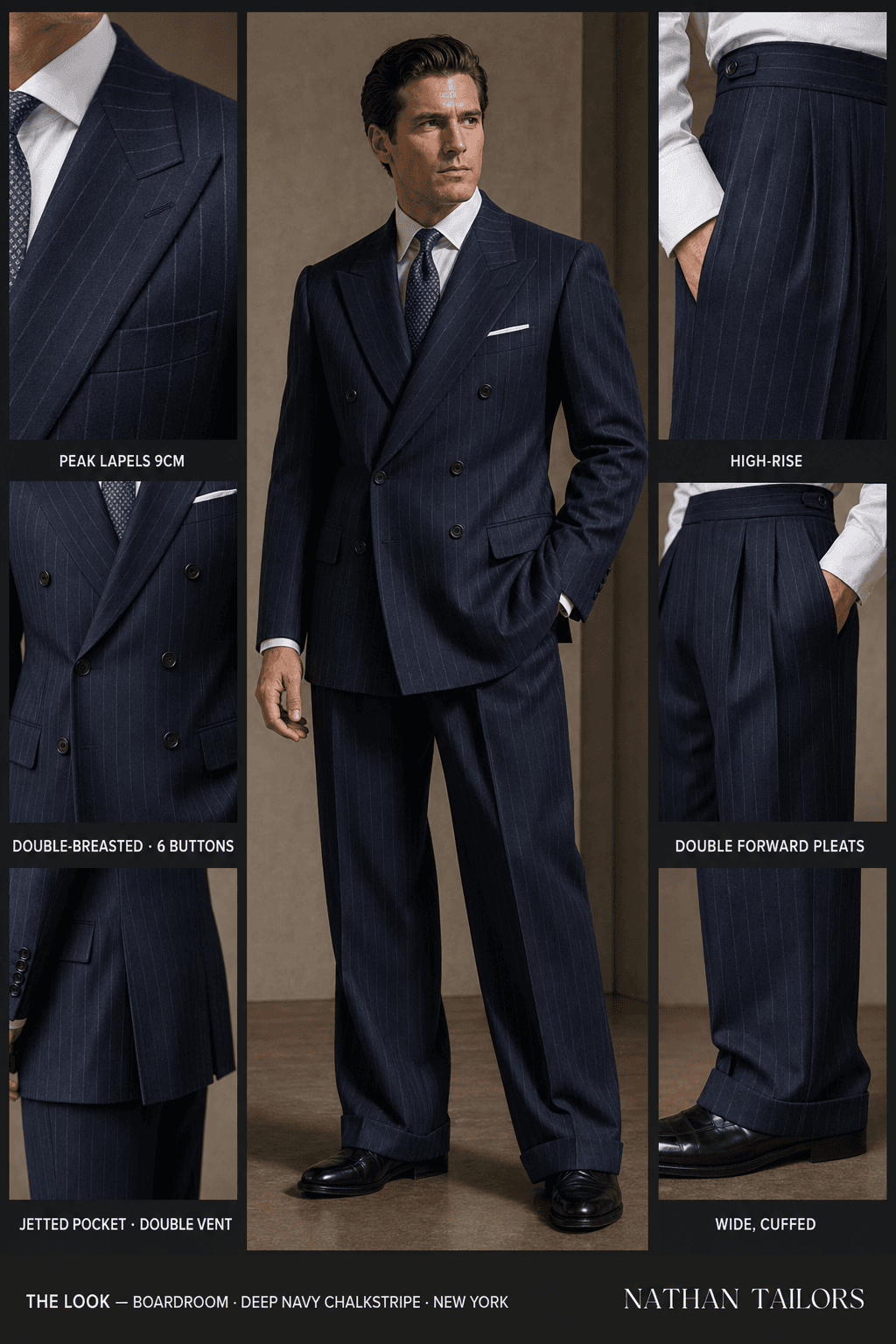 deep navy chalkstripe chalk stripe double-breasted peak-lapel online custom suit — designed online at RemoteSuit. Made-to-measure online custom suit available from $109.