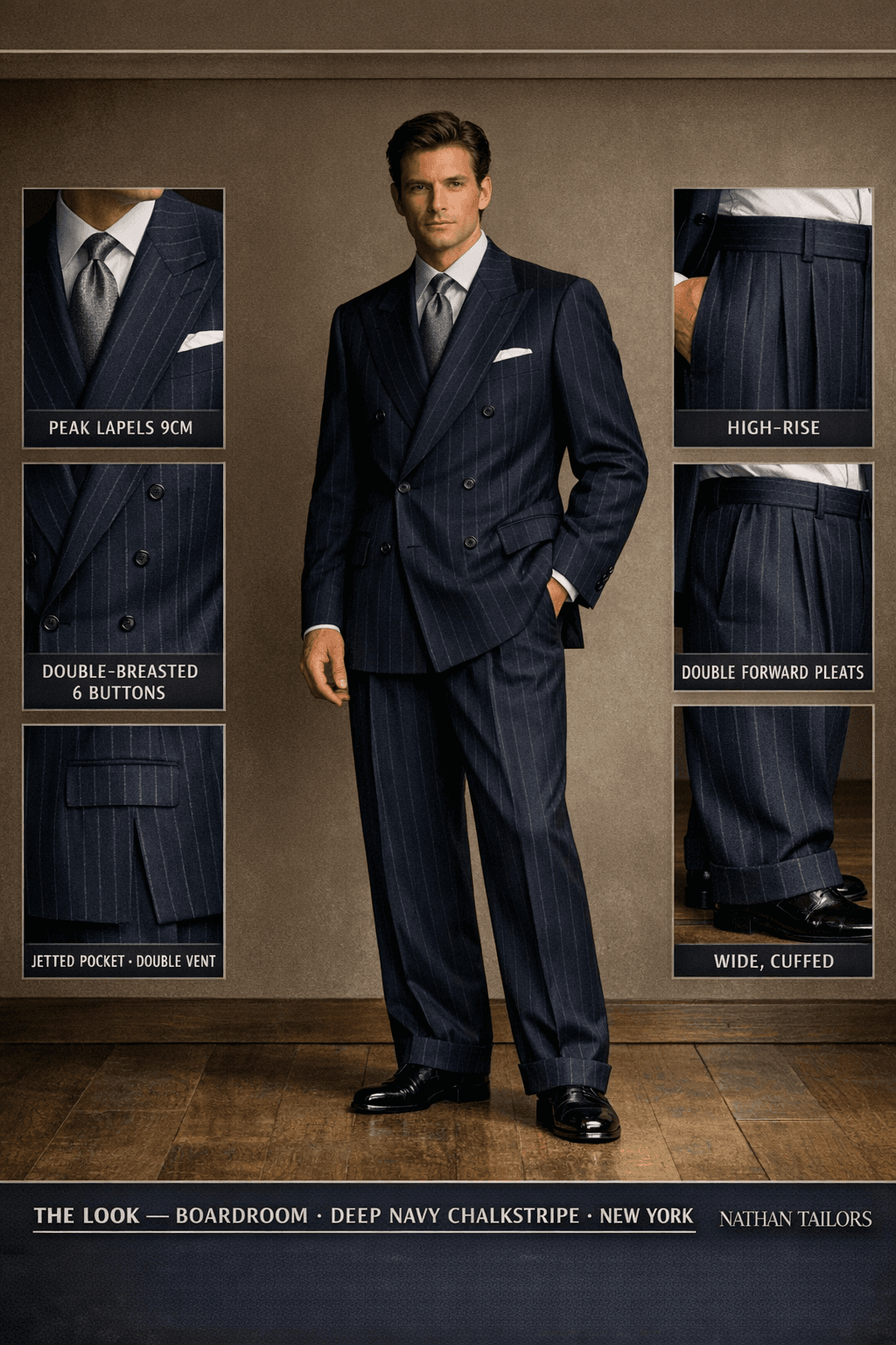 deep navy chalkstripe chalk stripe double-breasted peak-lapel online custom suit — designed online at RemoteSuit. Made-to-measure online custom suit available from $109.