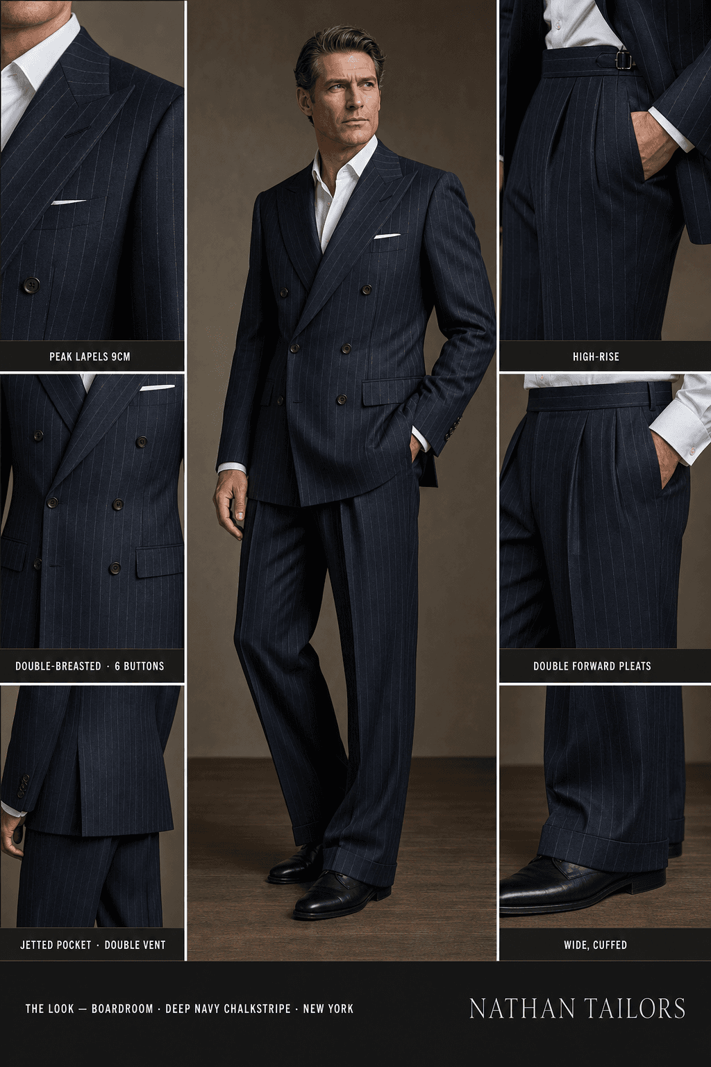 deep navy chalkstripe chalk stripe double-breasted peak-lapel online custom suit — designed online at RemoteSuit. Made-to-measure online custom suit available from $109.