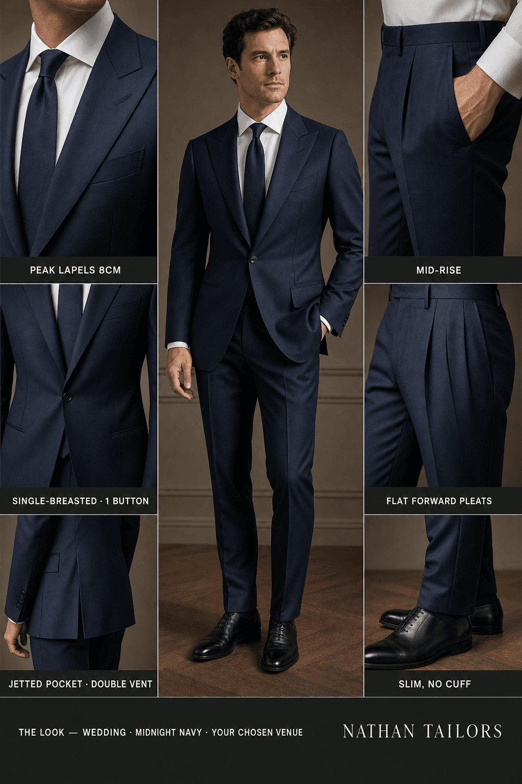 midnight navy single-breasted peak-lapel online custom suit — designed online at RemoteSuit. Made-to-measure online custom suit available from $109.