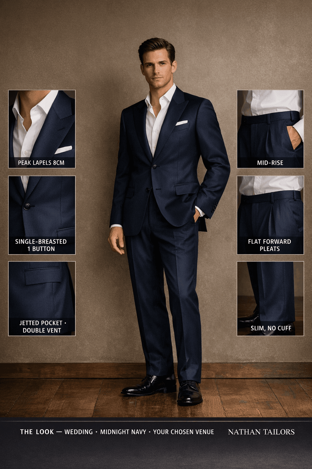 midnight navy single-breasted peak-lapel online custom suit — designed online at RemoteSuit. Made-to-measure online custom suit available from $109.