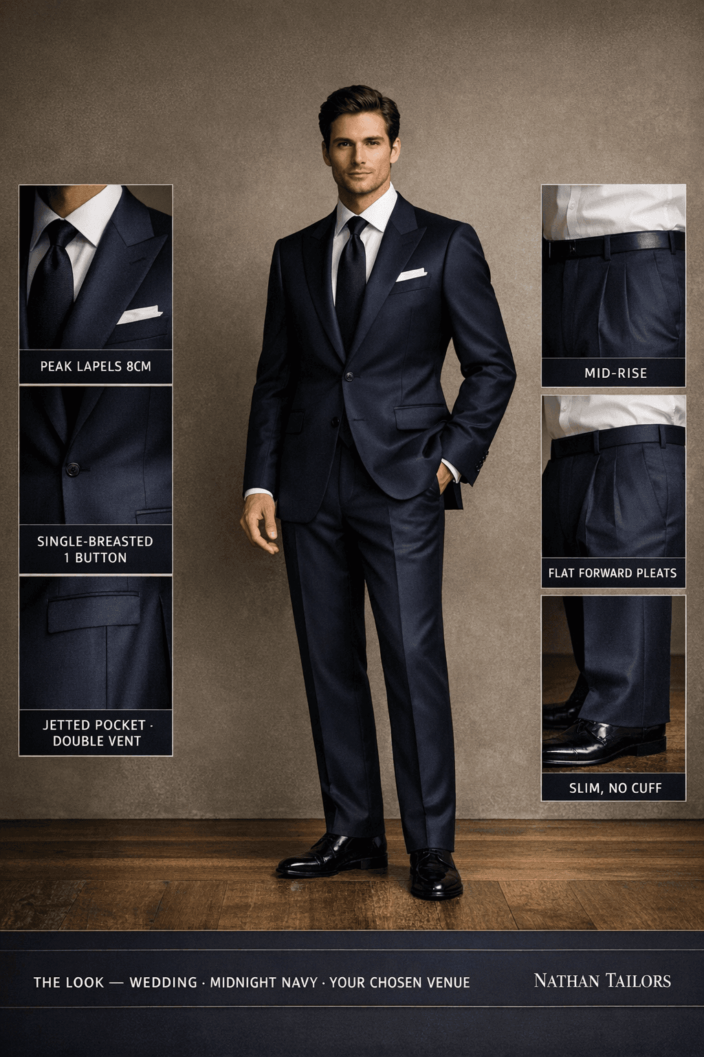 midnight navy single-breasted peak-lapel online custom suit — designed online at RemoteSuit. Made-to-measure online custom suit available from $109.
