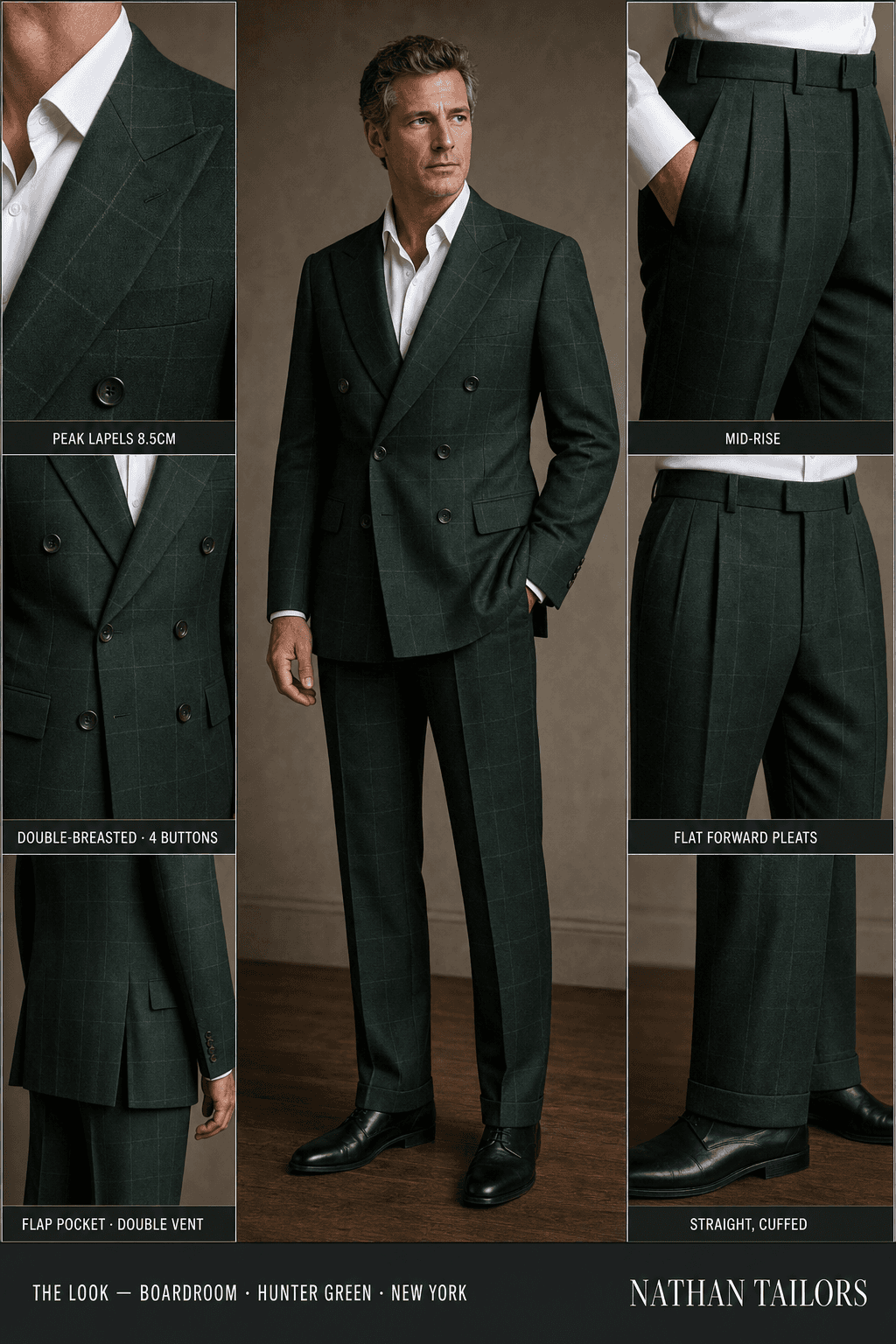 hunter green windowpane double-breasted peak-lapel online custom suit — designed online at RemoteSuit. Made-to-measure online custom suit available from $109.