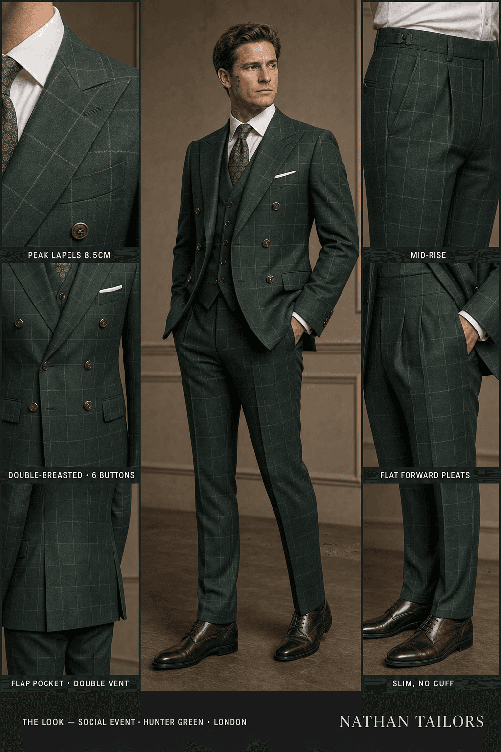 hunter green windowpane double-breasted peak-lapel online custom suit — designed online at RemoteSuit. Made-to-measure online custom suit available from $109.