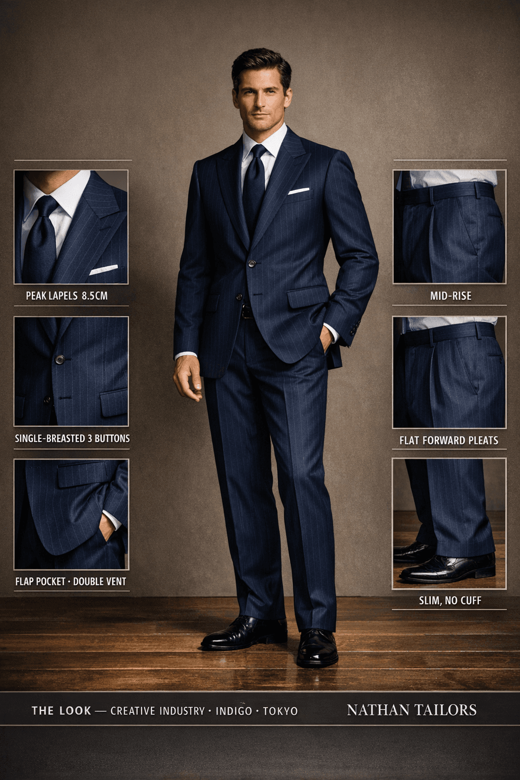 indigo chalk stripe single-breasted peak-lapel online custom suit — designed online at RemoteSuit. Made-to-measure online custom suit available from $109.