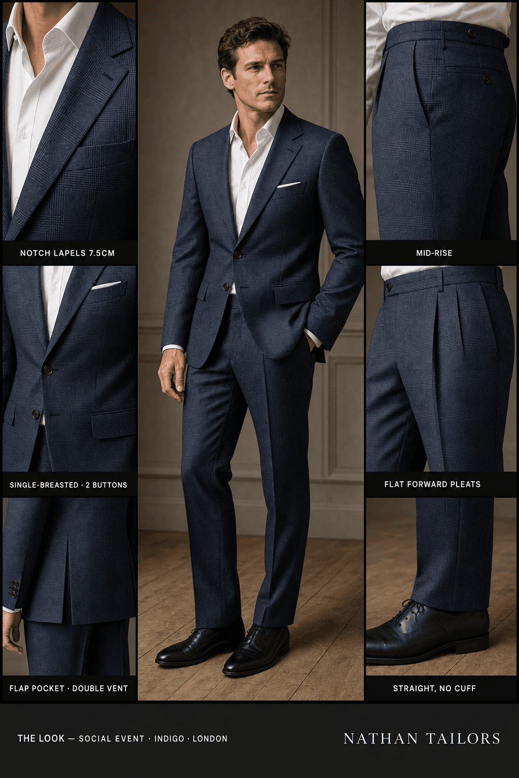 indigo glen plaid single-breasted notch-lapel online custom suit — designed online at RemoteSuit. Made-to-measure online custom suit available from $109.