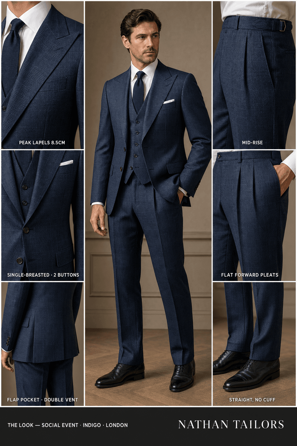 indigo glen plaid single-breasted peak-lapel online custom suit — designed online at RemoteSuit. Made-to-measure online custom suit available from $109.