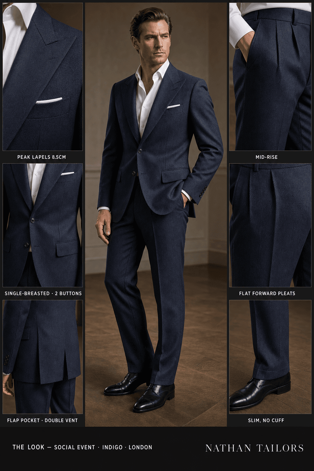 indigo herringbone single-breasted peak-lapel online custom suit — designed online at RemoteSuit. Made-to-measure online custom suit available from $109.