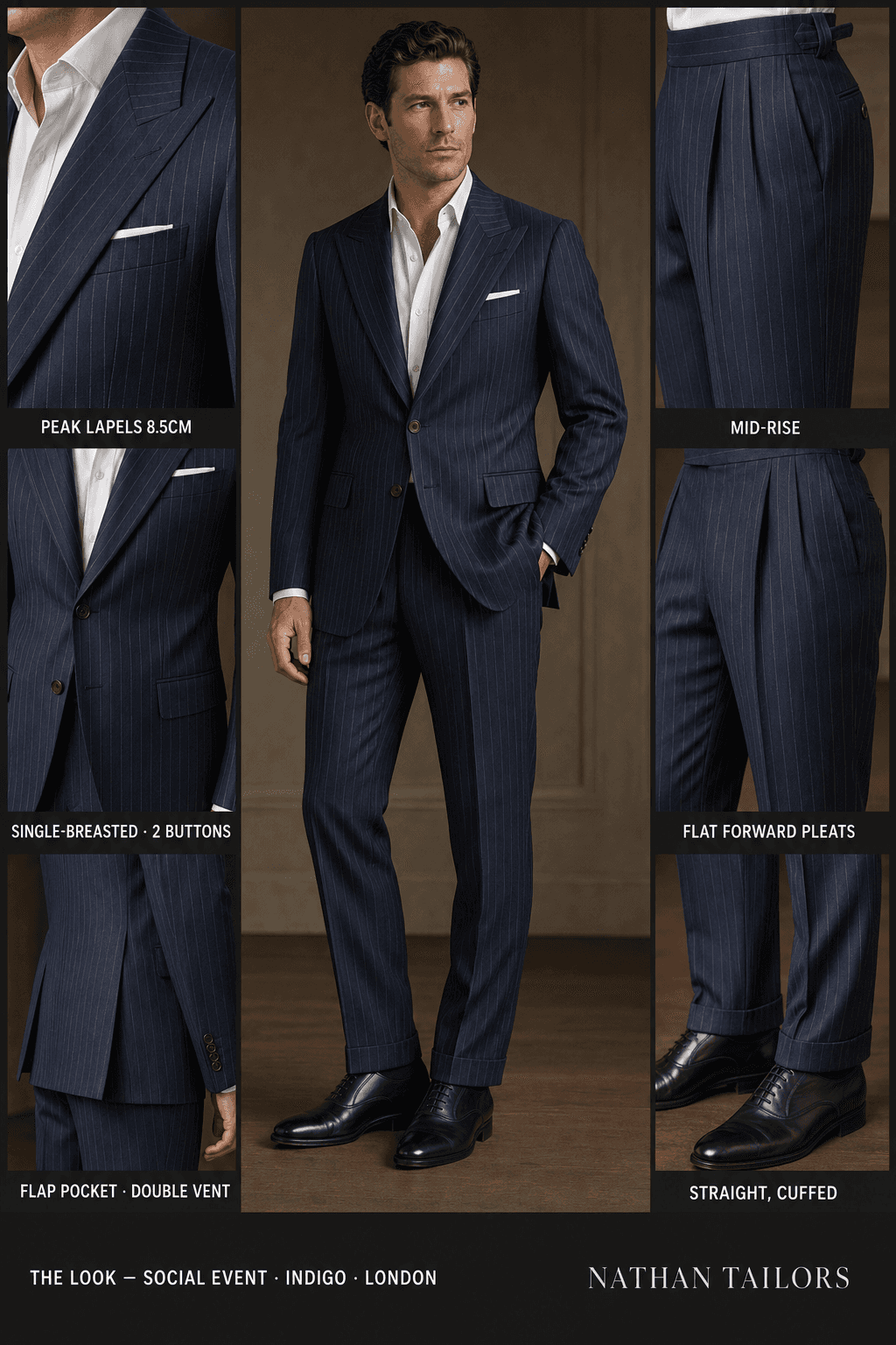 indigo pinstripe single-breasted peak-lapel online custom suit — designed online at RemoteSuit. Made-to-measure online custom suit available from $109.